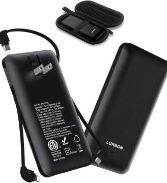 10000 mAh Portable Charger Power Bank,Slim External Battery Pack with Built in AC Wall Plug, USB C Cable Total 3 Different Cables Compatible with Cell Phone Tablet