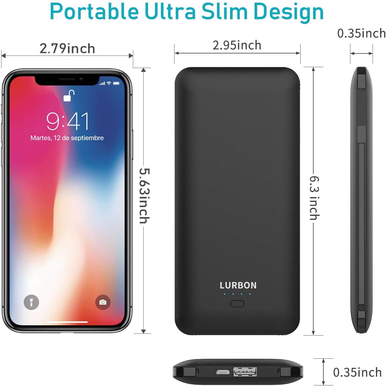 10000 mAh Portable Charger Power Bank,Slim External Battery Pack with Built in AC Wall Plug, USB C Cable Total 3 Different Cables Compatible with Cell Phone Tablet - Image 2