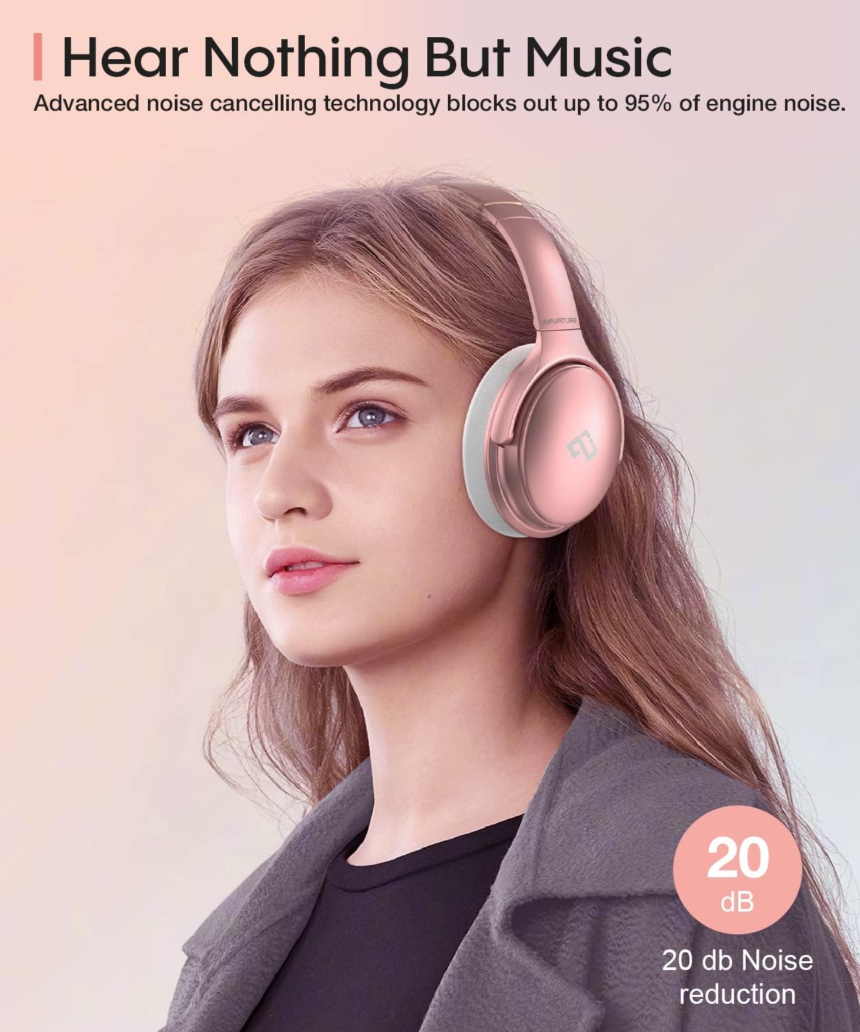 INFURTURE Upgrade Rose Gold Active Noise Cancelling Headphones with Microphone Wireless Over Ear Bluetooth, Deep Bass, Memory Foam Ear Cups, Quick Charge 90H Playtime, for TV, Travel, Home Office - Image 2