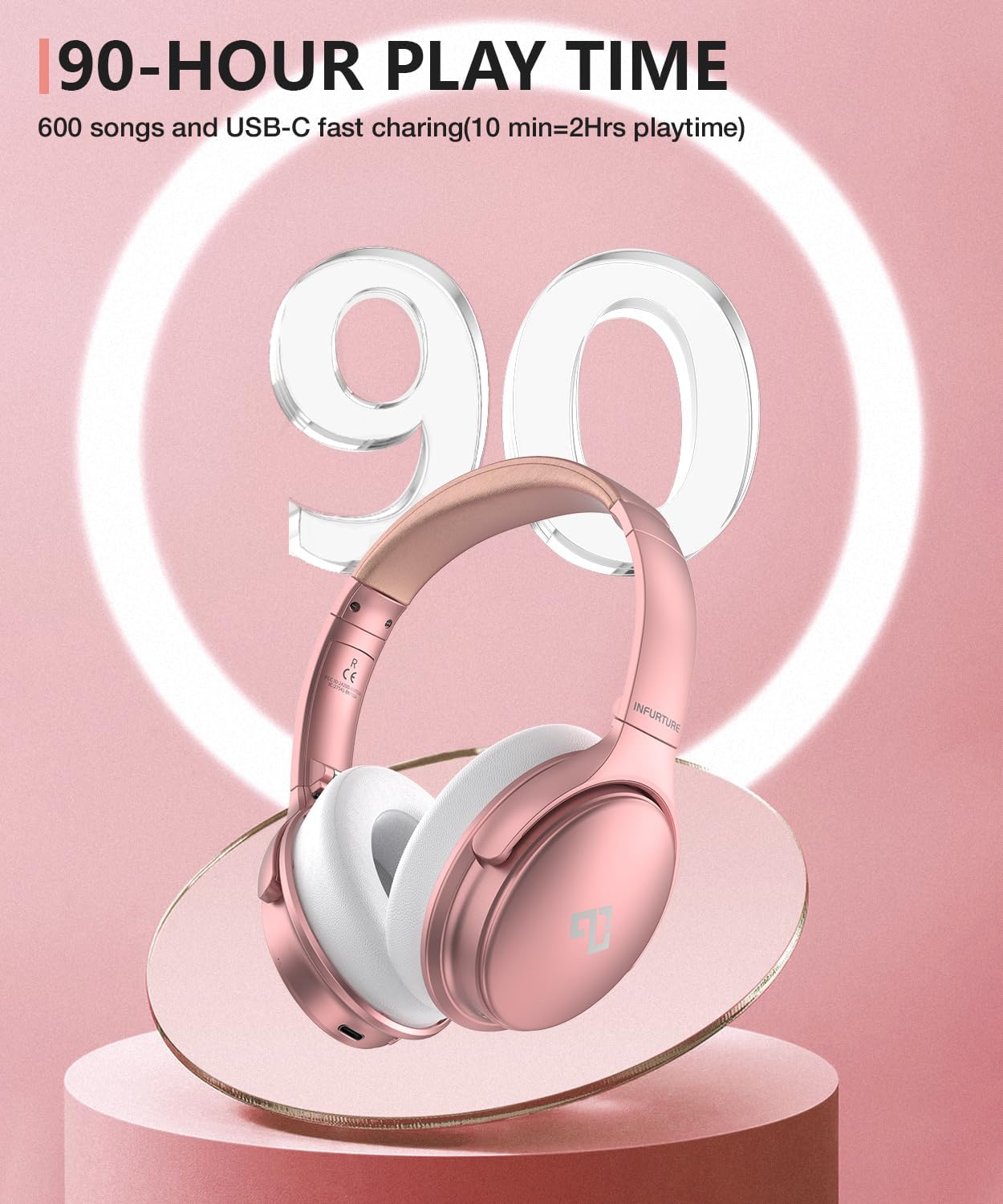INFURTURE Upgrade Rose Gold Active Noise Cancelling Headphones with Microphone Wireless Over Ear Bluetooth, Deep Bass, Memory Foam Ear Cups, Quick Charge 90H Playtime, for TV, Travel, Home Office - Image 4