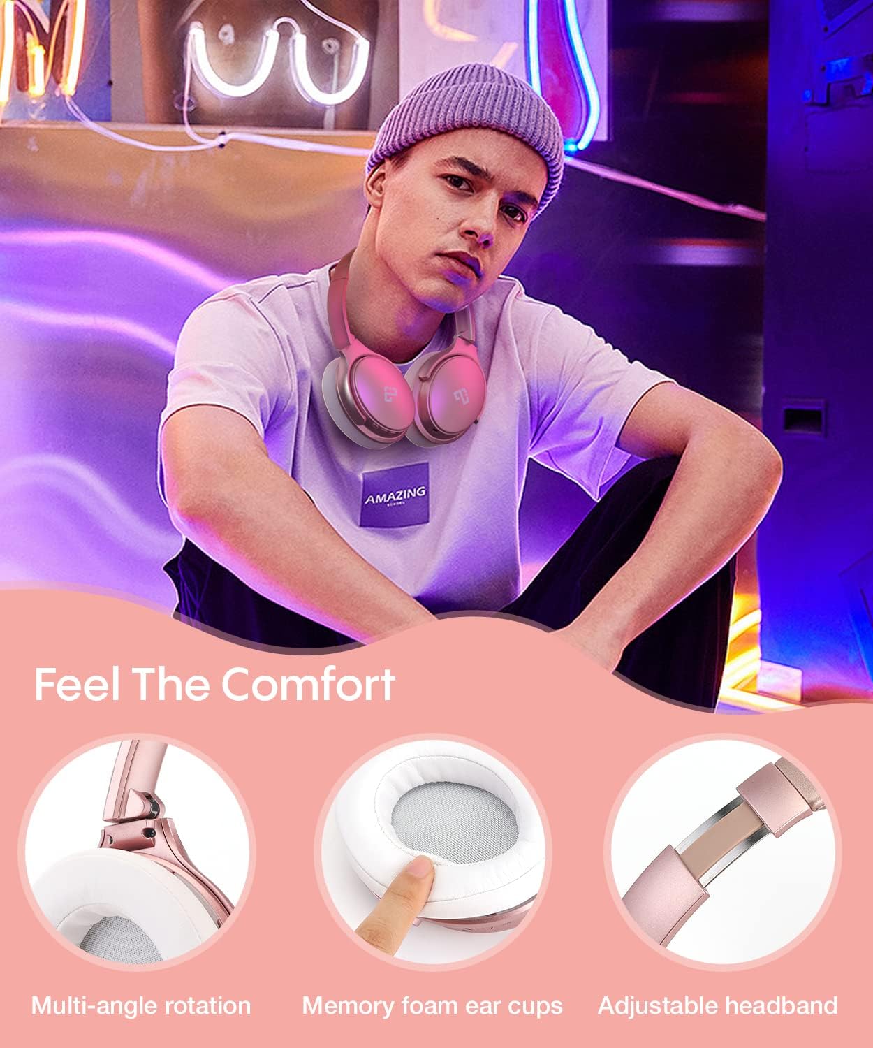 INFURTURE Upgrade Rose Gold Active Noise Cancelling Headphones with Microphone Wireless Over Ear Bluetooth, Deep Bass, Memory Foam Ear Cups, Quick Charge 90H Playtime, for TV, Travel, Home Office - Image 6