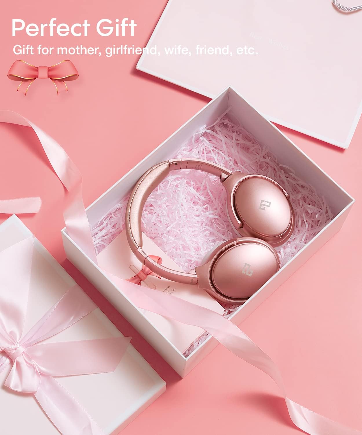 INFURTURE Upgrade Rose Gold Active Noise Cancelling Headphones with Microphone Wireless Over Ear Bluetooth, Deep Bass, Memory Foam Ear Cups, Quick Charge 90H Playtime, for TV, Travel, Home Office - Image 7