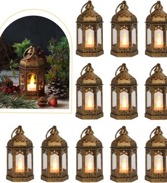 LLQ 8Pcs Mini Lantern with LED Tealight, Vintage Brown Lanterns Decorative, Hanging Candle Lanterns for Ramadan Christmas Wedding Table Centerpiece Indian Diwali Decor, Garden Fairy Party Decorations